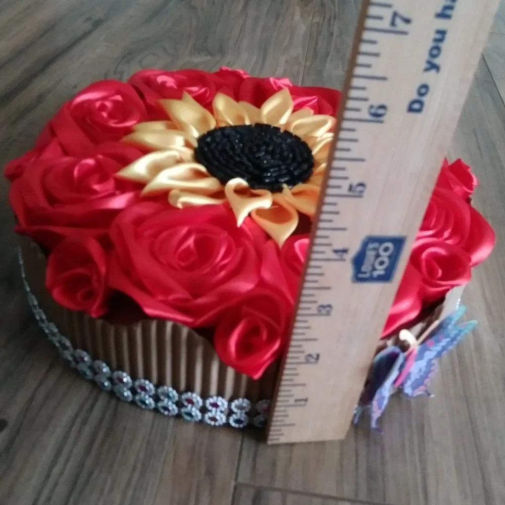 Eternal red satin rose floral arrangement, love box 8 red roses, 1 sunflower